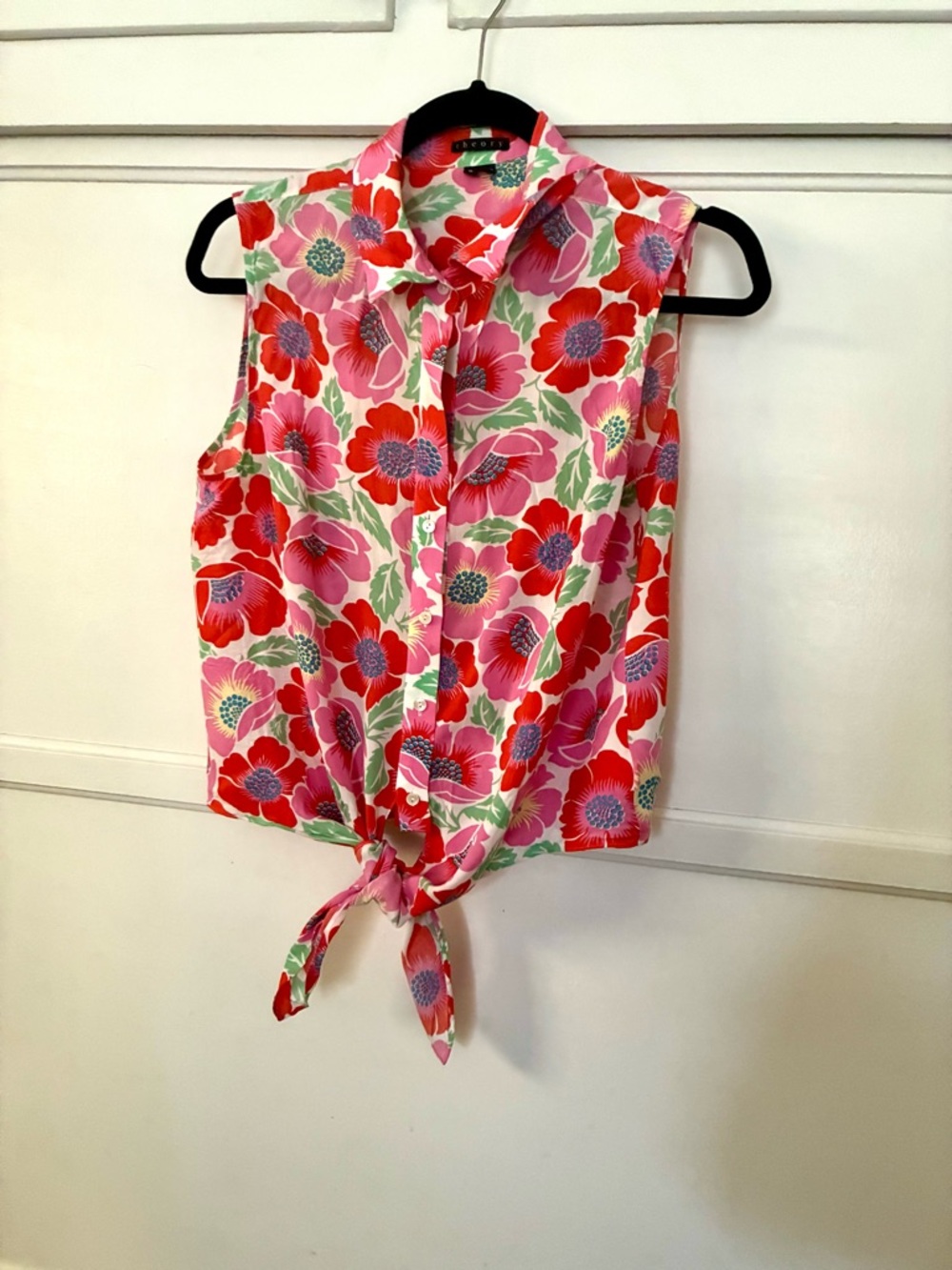 Theory Floral Tie-Front Sleeveless Blouse Pink Red Summer Button Crop Top Flower